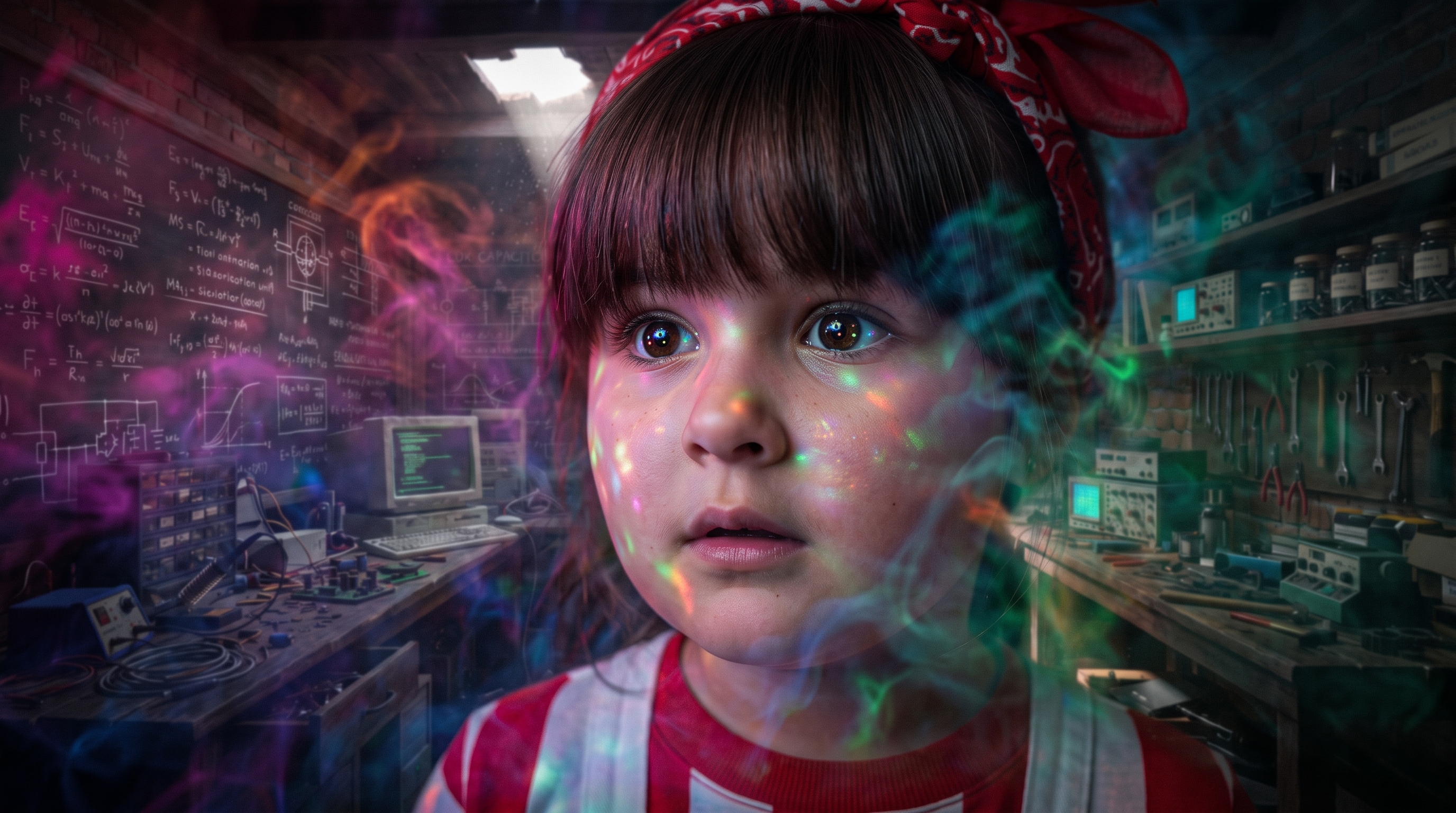 Alice espia através da fumaça colorida, iluminada.