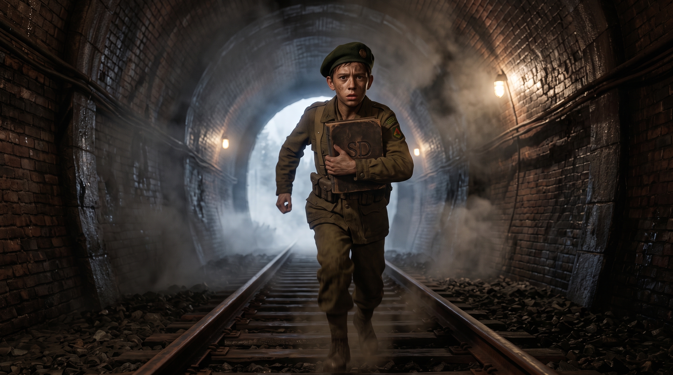 Severino, menino soldado de 1932, corre pelo túnel apertando o livro de couro contra o peito.