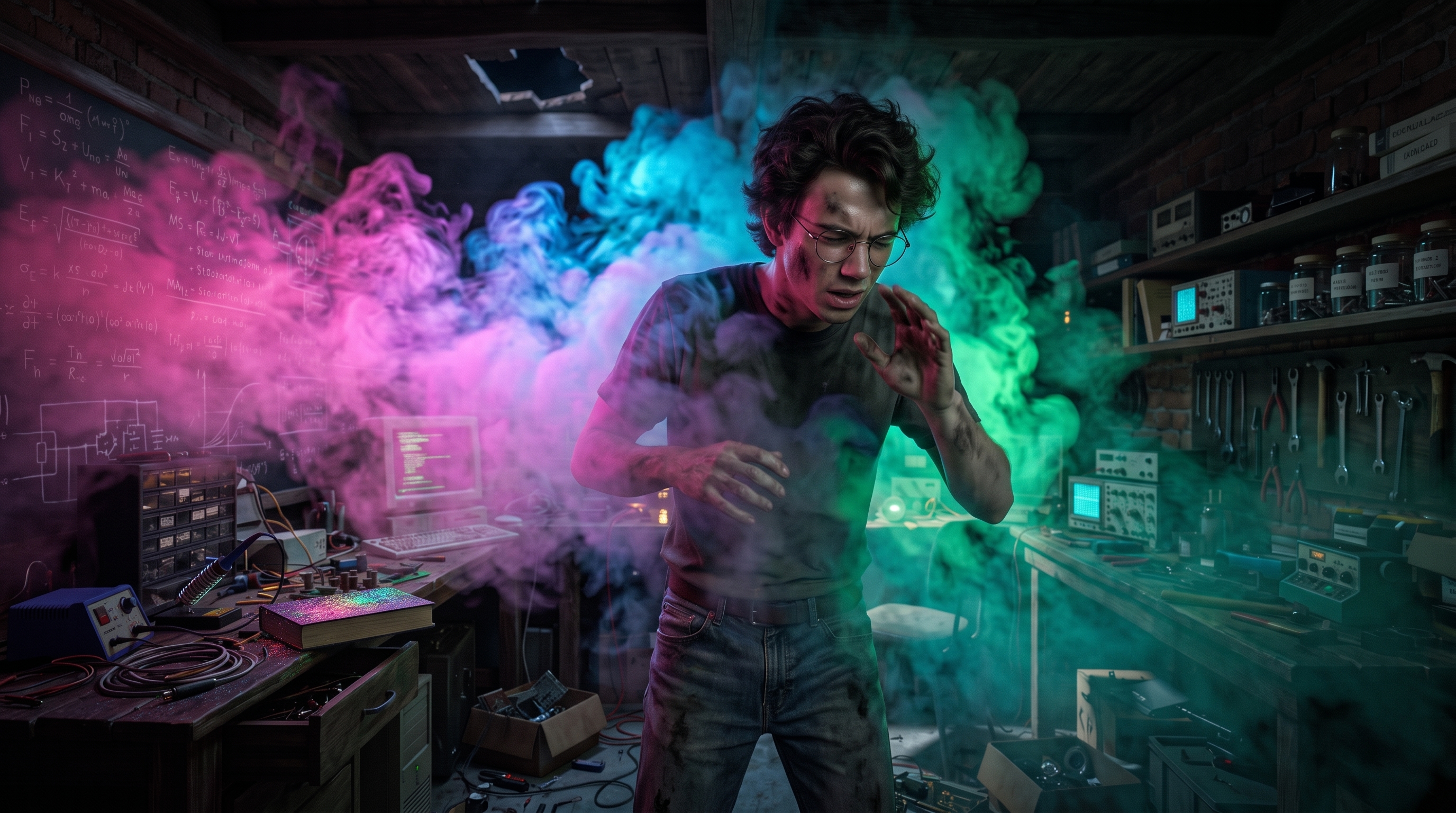 Percival tossindo em meio à fumaça colorida da explosão.
