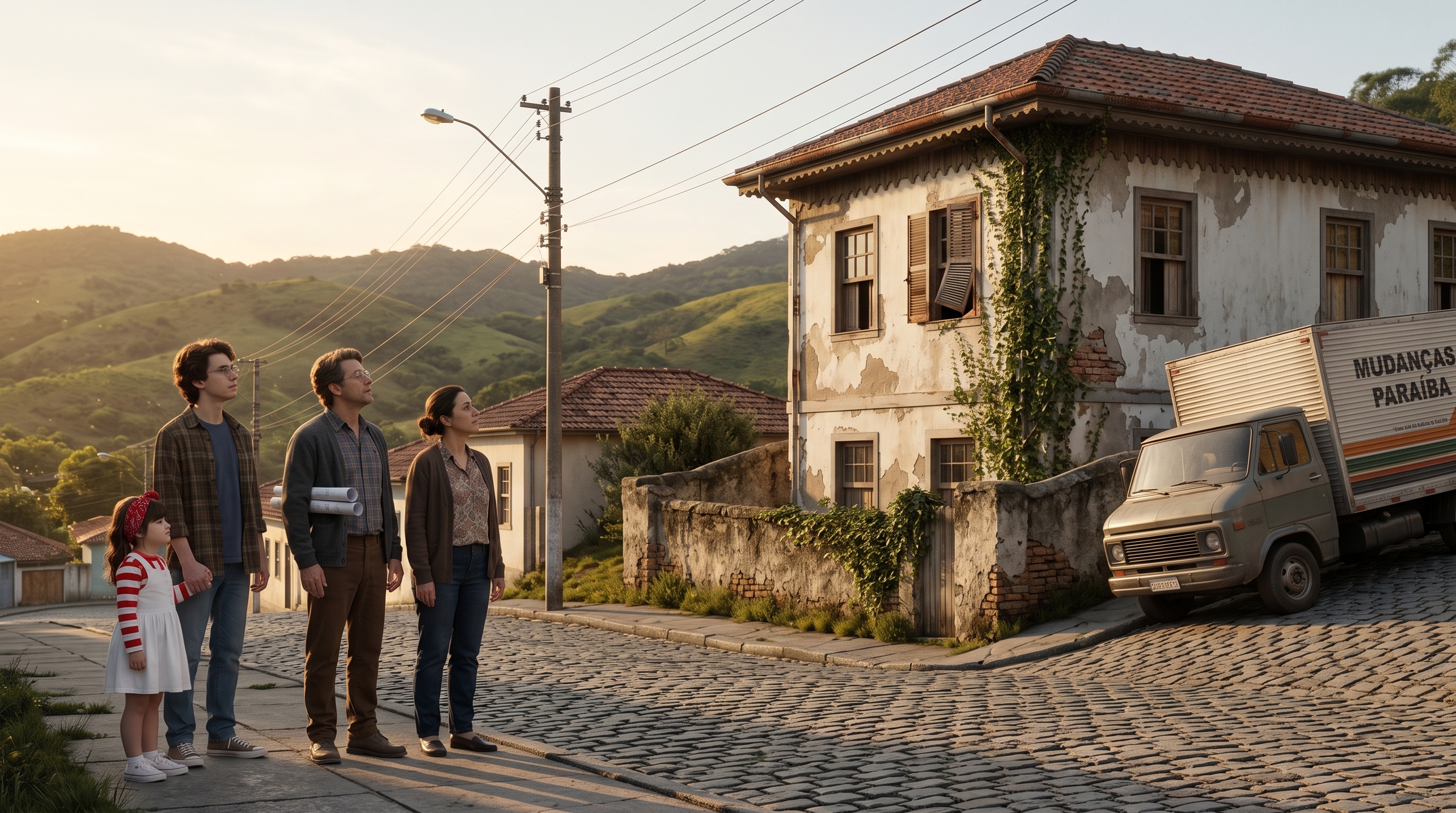 A família diante da casa colonial antiga do avô, em Cruzeiro.