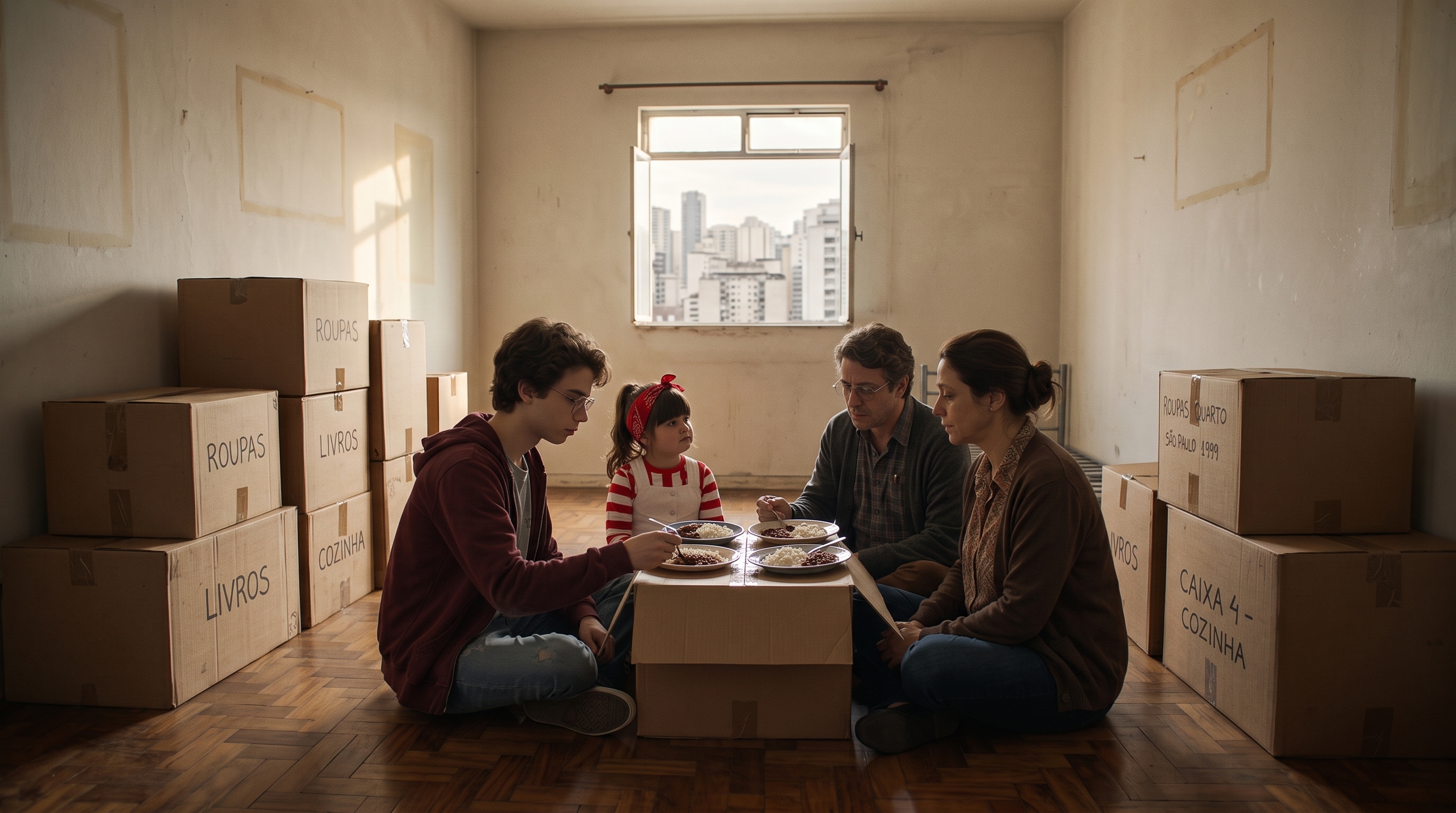 A família Dias faz a última refeição num apartamento vazio, sem móveis.