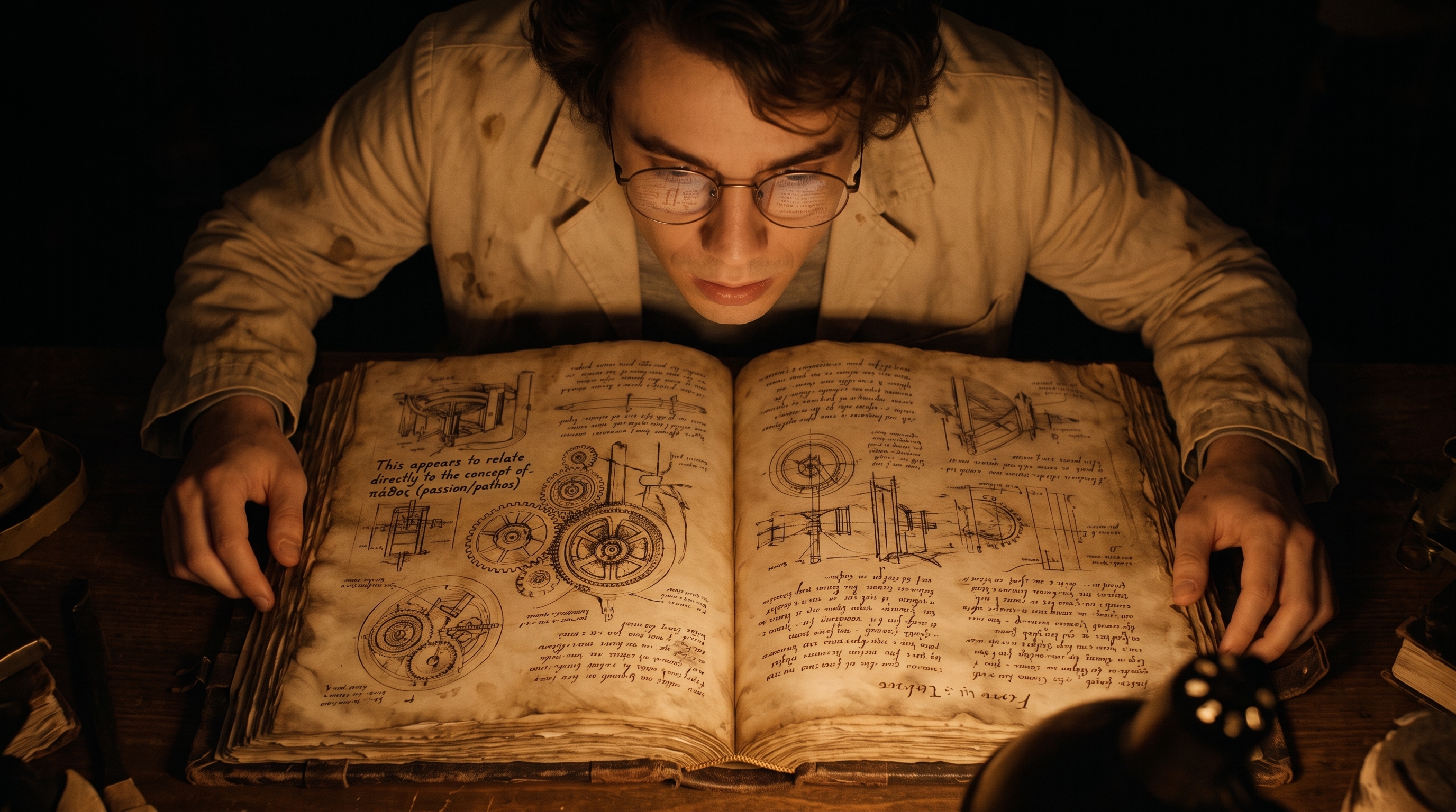 Percival lê o Grande Livro das Invenções aberto, cheio de diagramas.