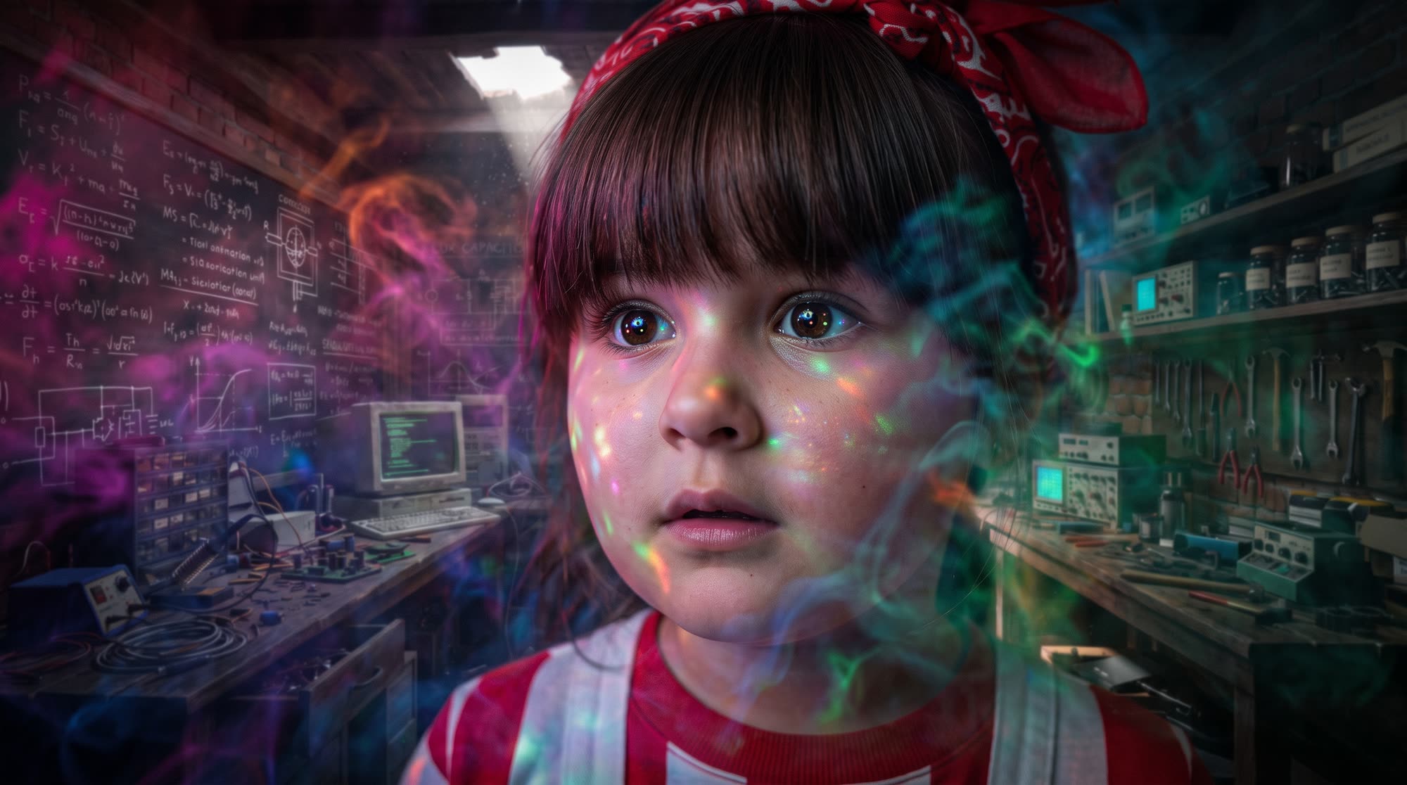 Alice, maravilhada, no meio da fumaça colorida que sobe como dedos de arco-íris.
