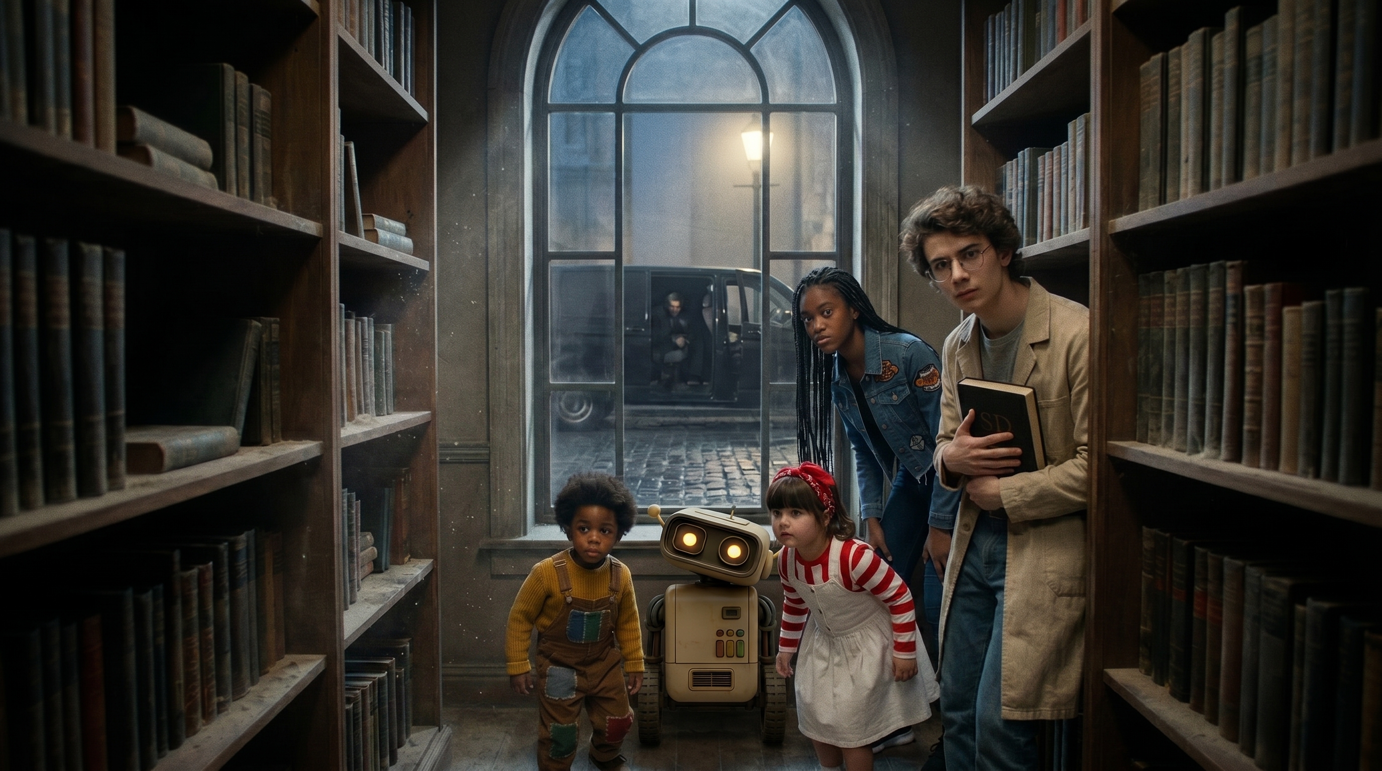 As crianças pesquisam entre estantes altas de uma biblioteca antiga.