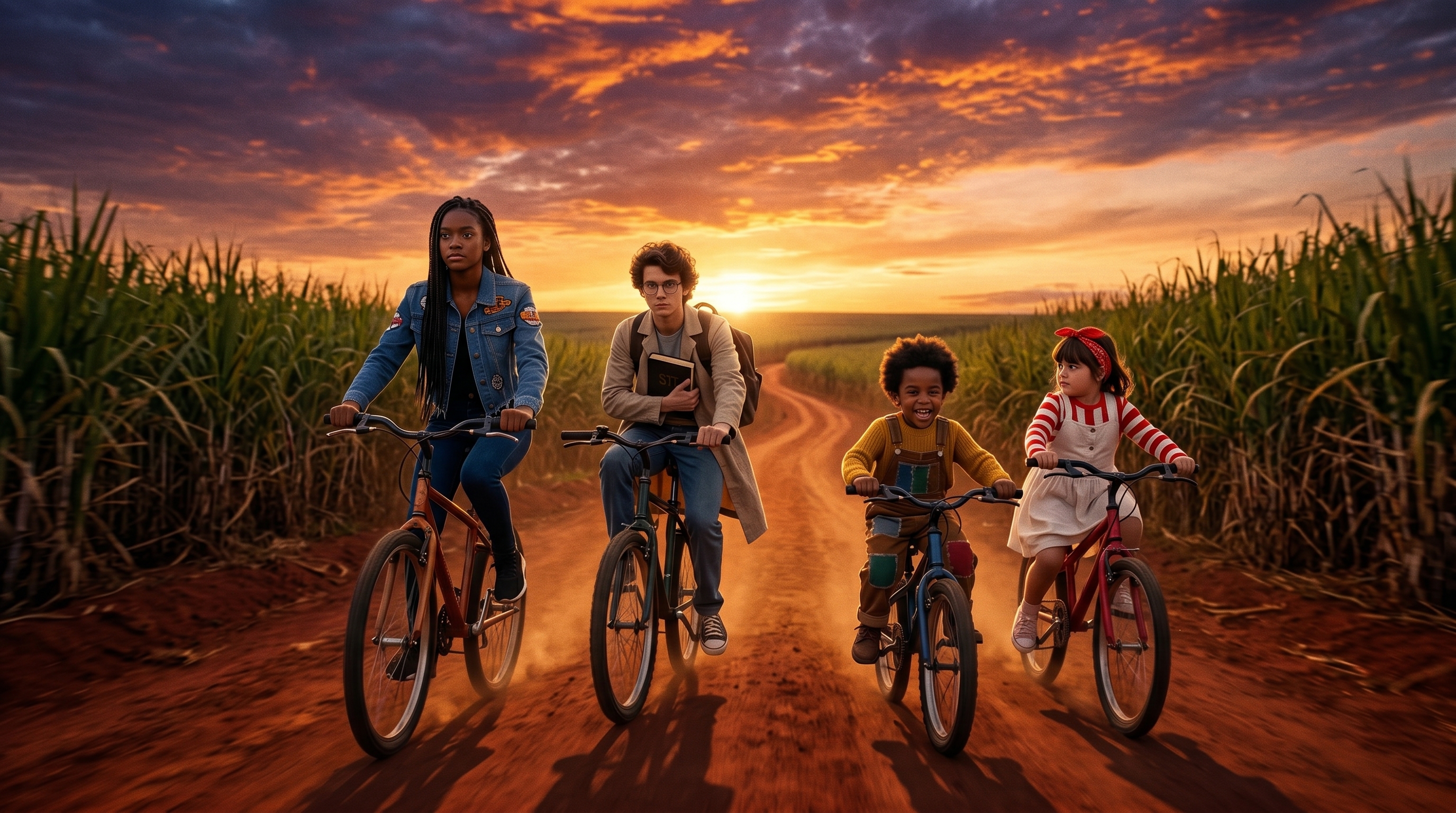 Ao entardecer, quatro crianças pedalam lado a lado por uma estrada de terra que corta o canavial, com o sol se pondo ao fundo.