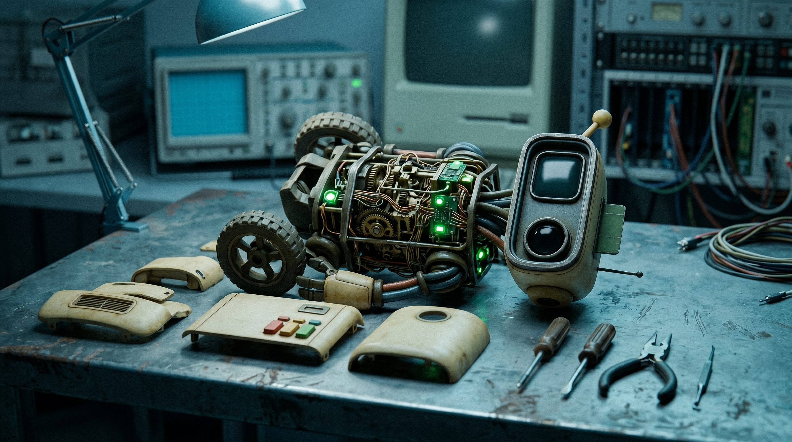 Na bancada do inventor, o Byte desmontado em peças, entre osciloscópios antigos e um computador de tubo.