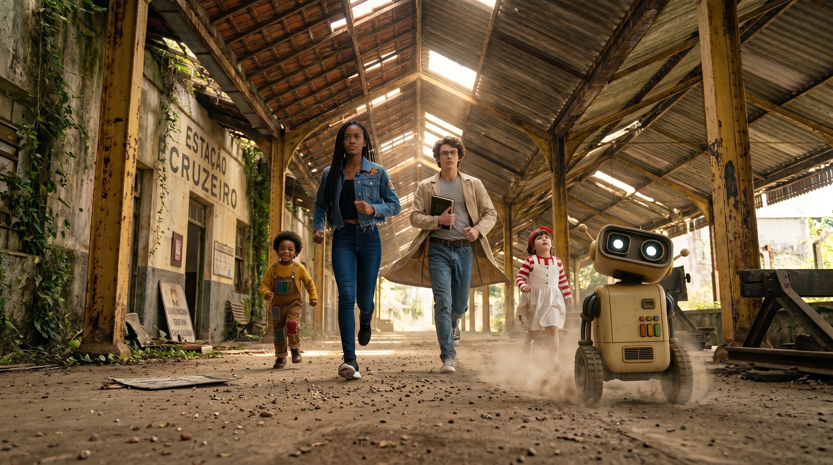 A turma e o Byte caminham juntos por uma antiga estação de trem, sob a luz dourada.