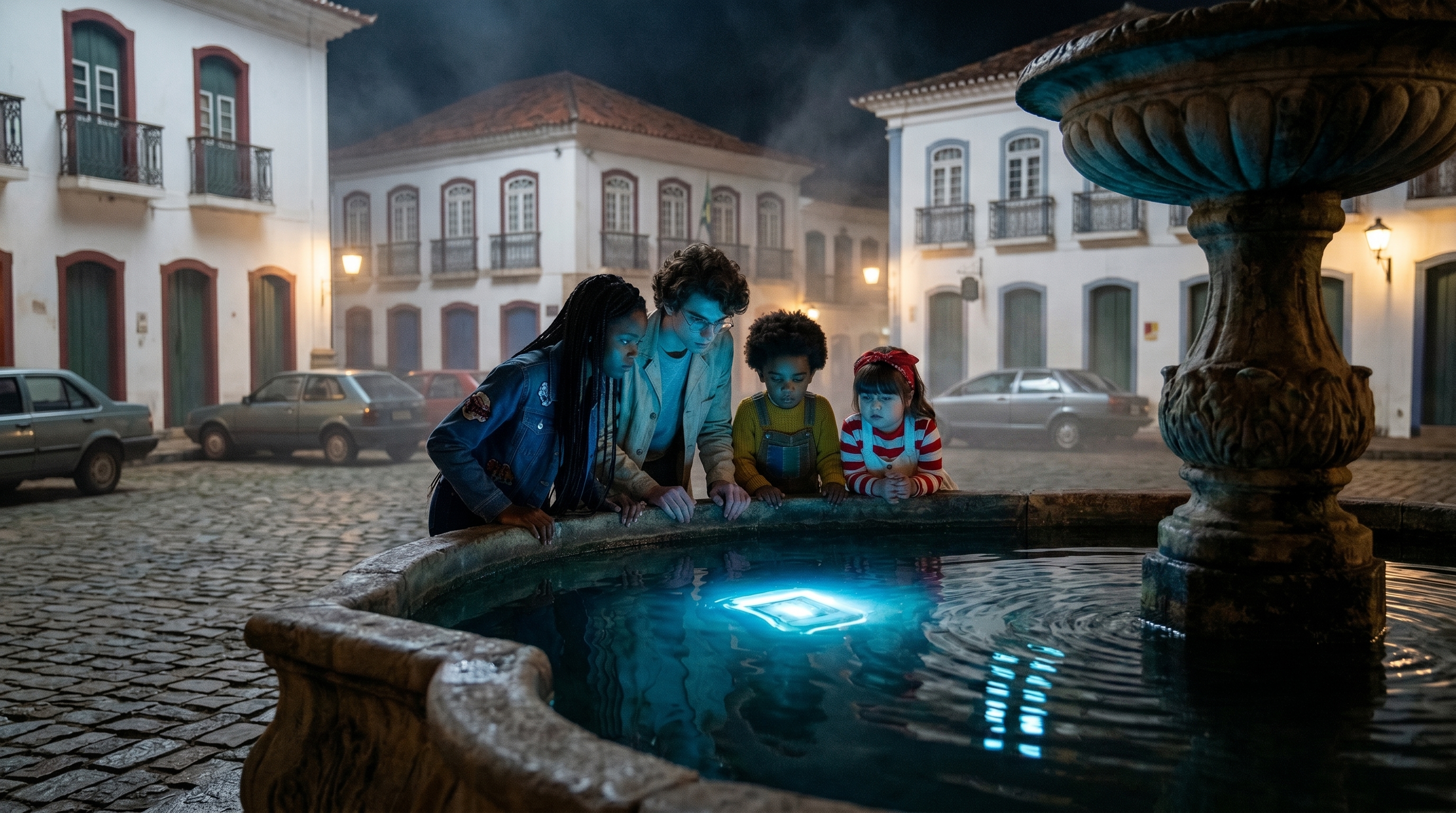 As crianças se debruçam sobre uma fonte de pedra à noite, com um brilho azul dentro da água.