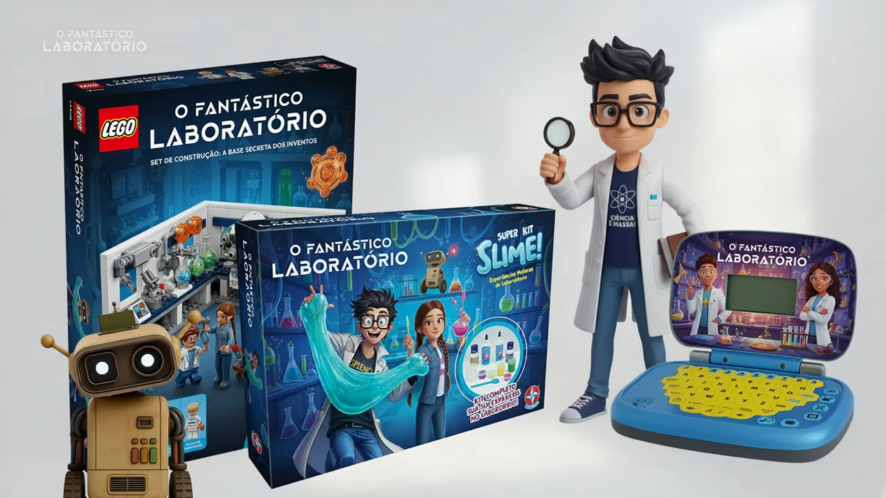 Linha de brinquedos do filme: set LEGO, kit de slime, action figure e laptop infantil.