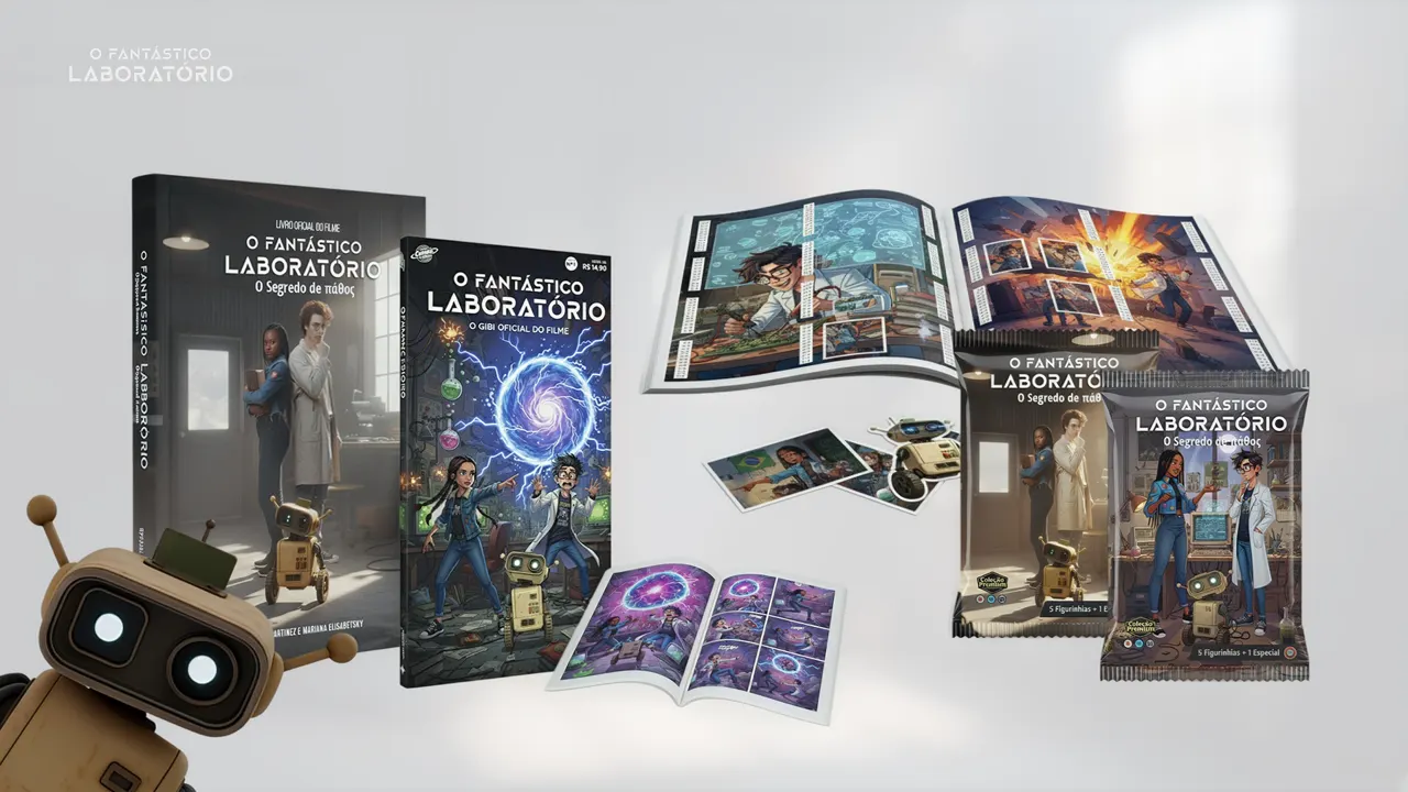 Papelaria e colecionáveis: livro oficial, gibi, álbum de figurinhas e adesivos.