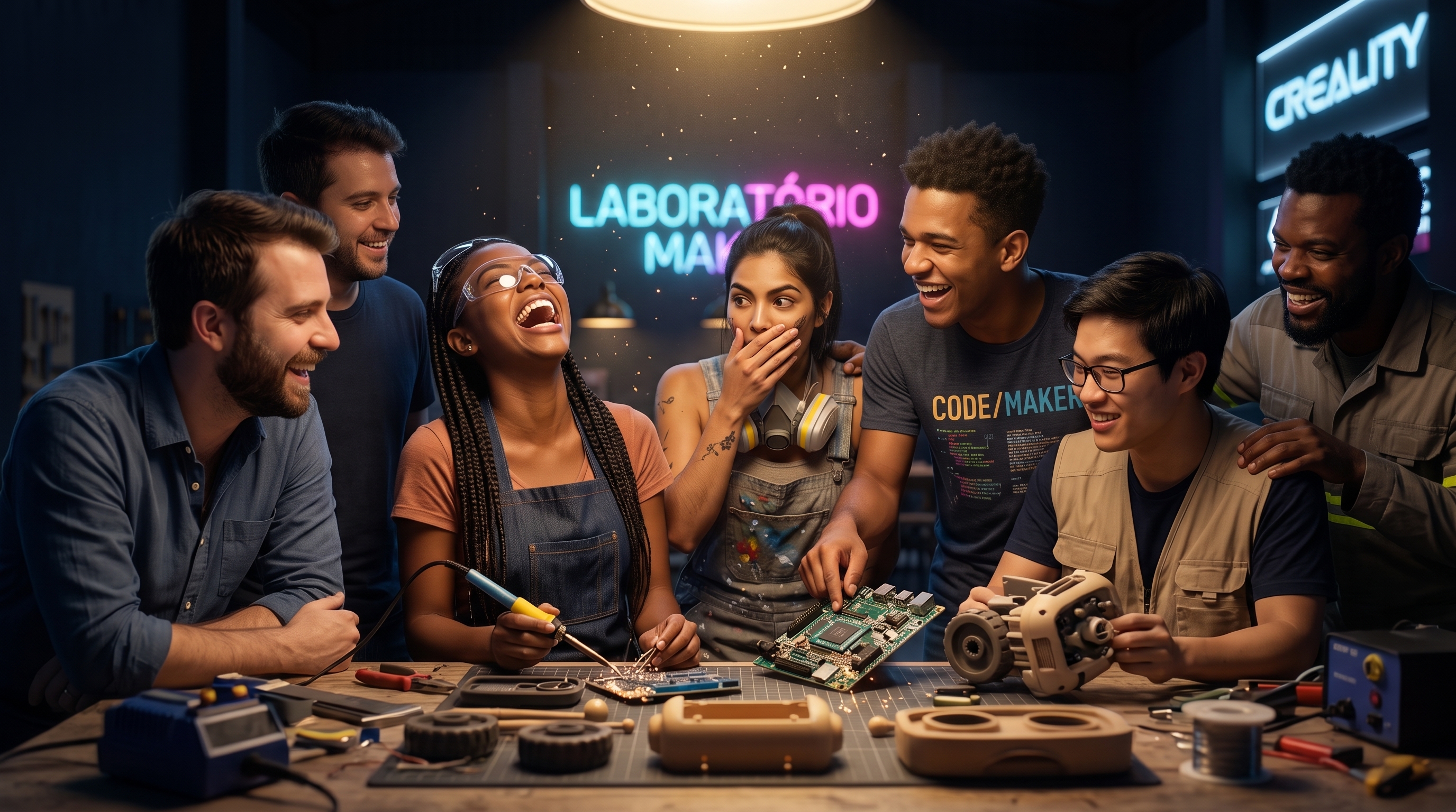 Os seis makers em volta da bancada rindo juntos entre uma solda e uma placa, sob o letreiro de neon do programa.