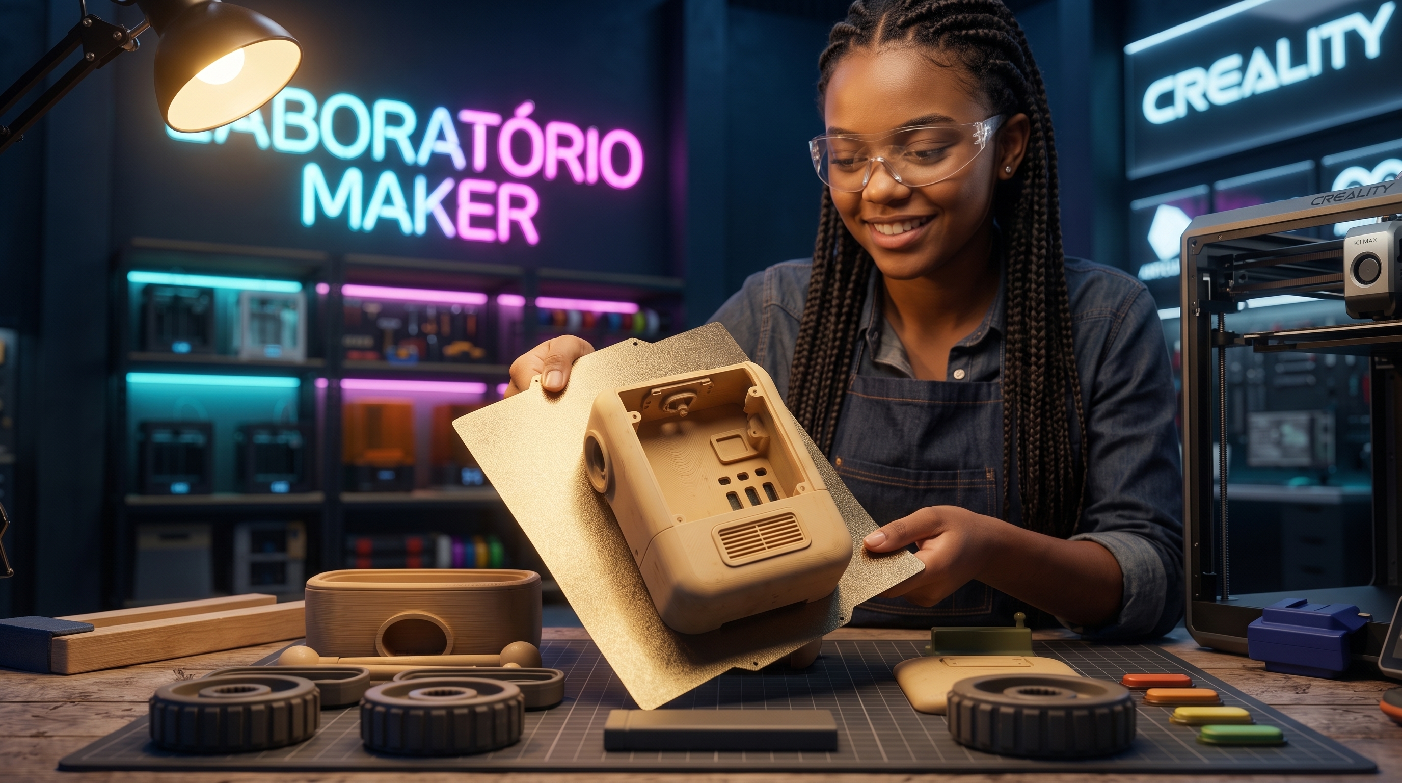 Uma maker jovem, de óculos de proteção, ergue com orgulho uma peça branca recém-saída da impressora 3D.