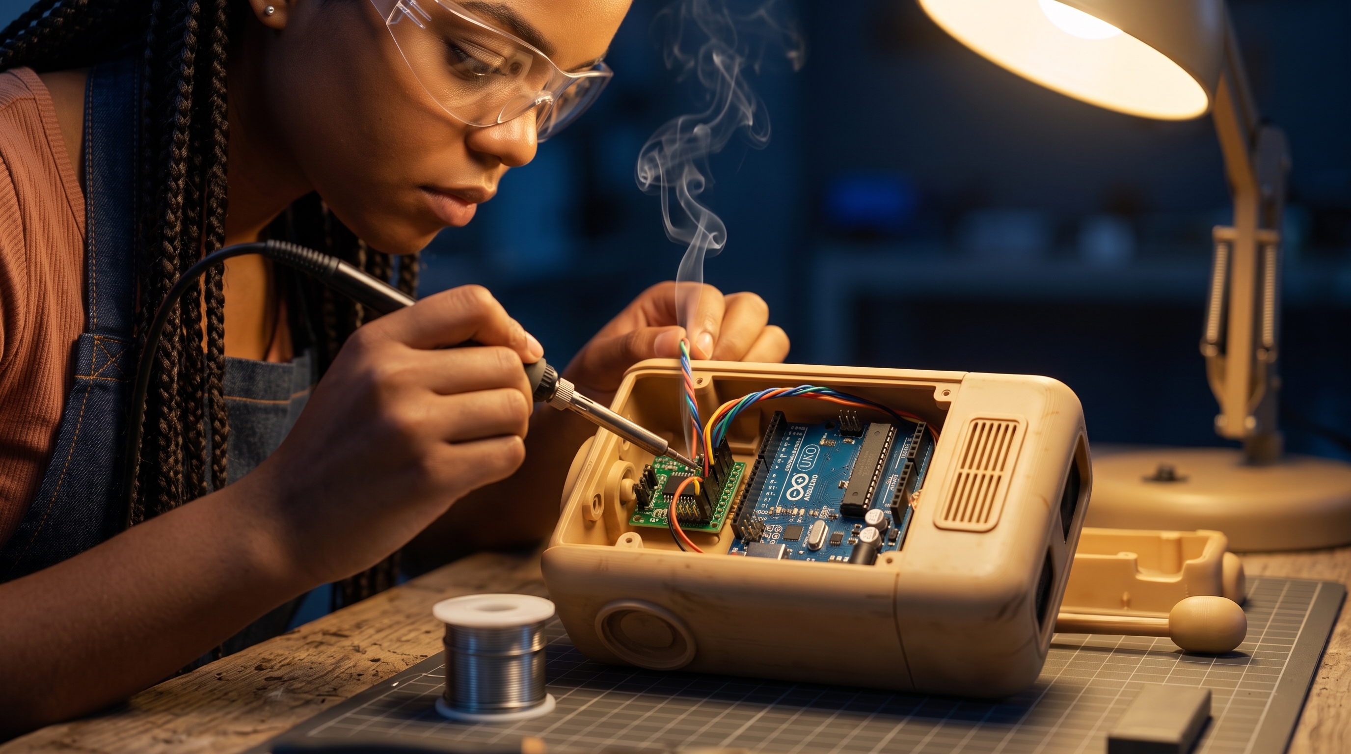 Uma maker solda a eletrônica do Byte, a fumaça fina subindo sob a luz da bancada.