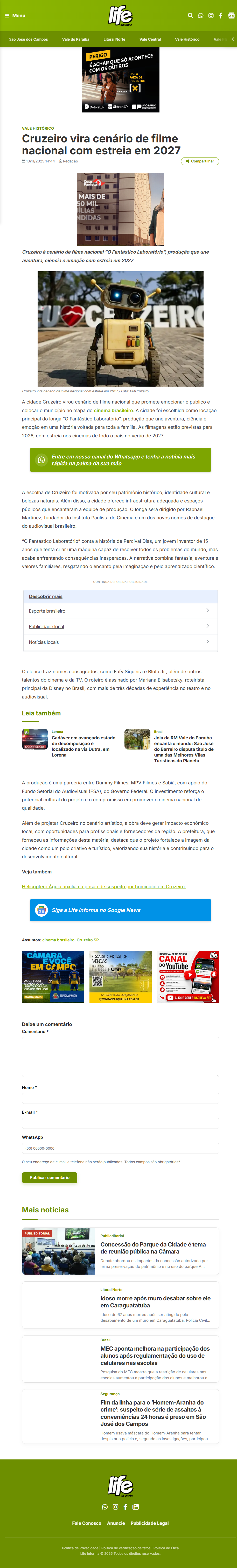Captura da matéria do portal Informa Life sobre o filme.
