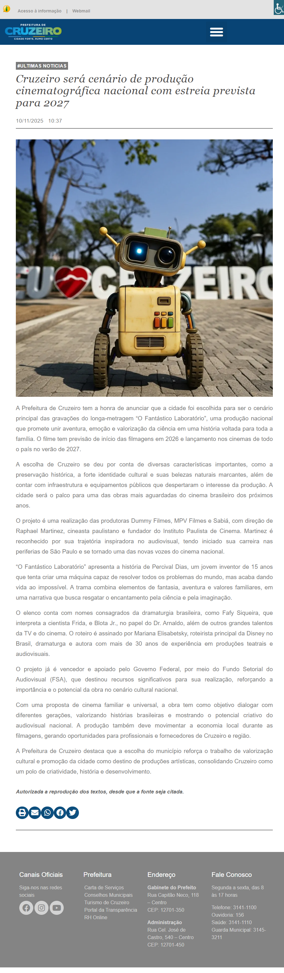Captura da página do comunicado oficial da Prefeitura de Cruzeiro sobre o filme.