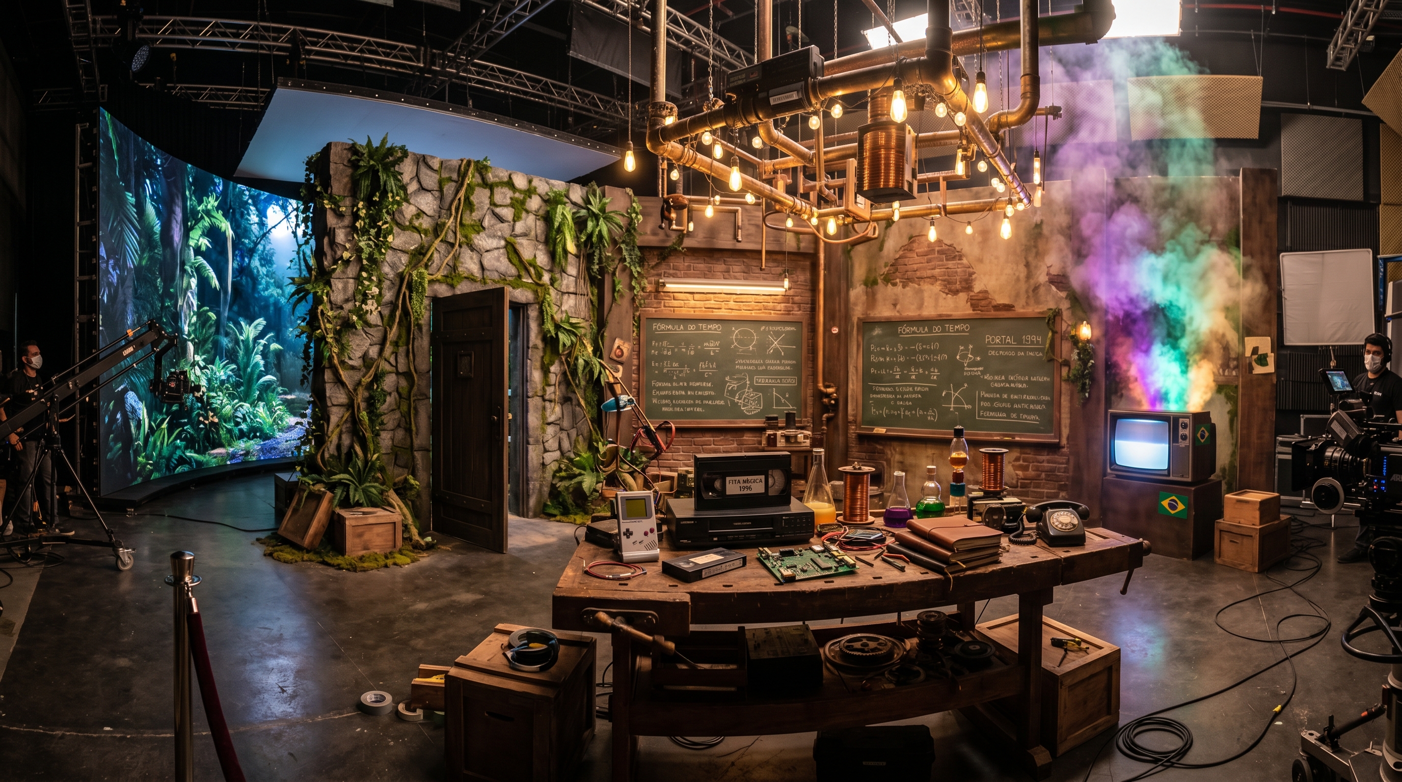 O set do reality montado num galpão, com quadros, bancada e câmeras captando tudo.