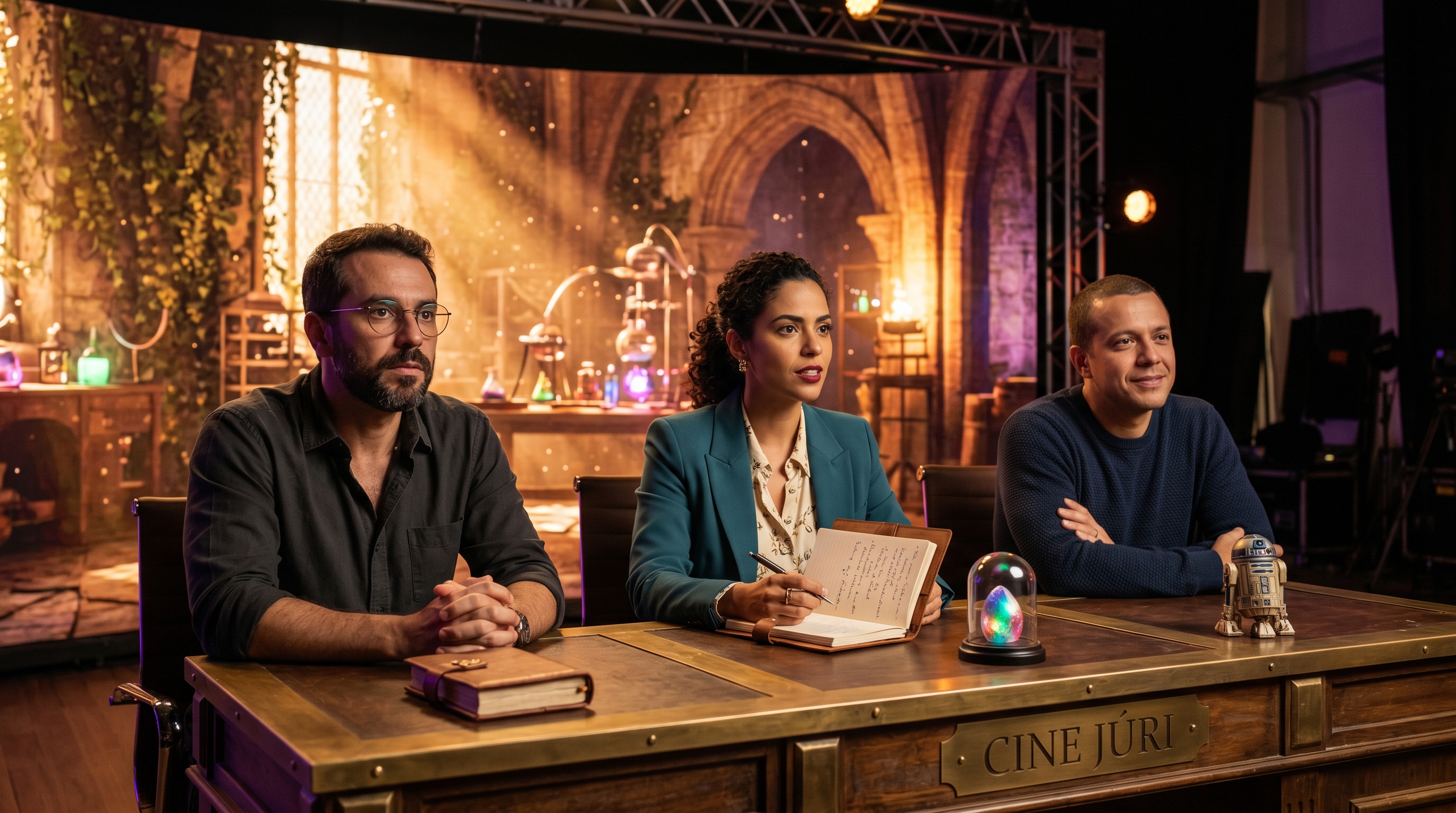 A mesa do júri técnico do programa, com o Grande Livro e um pequeno robô sobre a bancada Cine Júri.