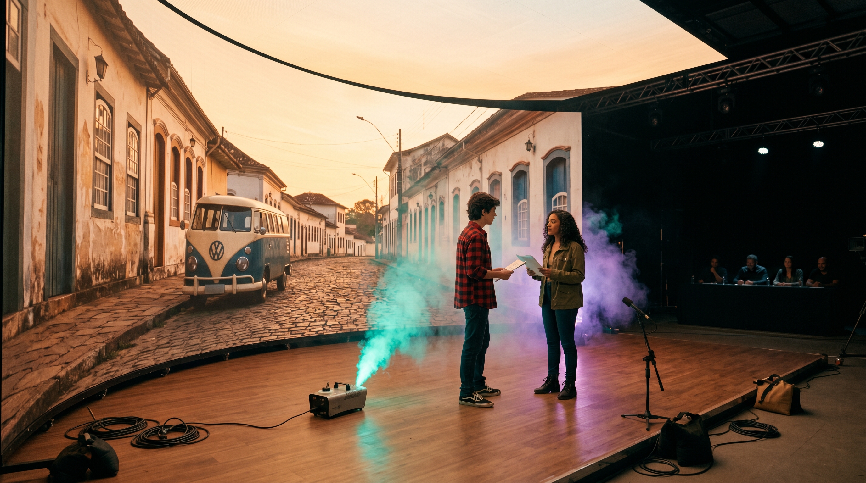 No palco do reality, jovens candidatos ensaiam uma cena diante do Byte, num estúdio de LED com fumaça colorida.