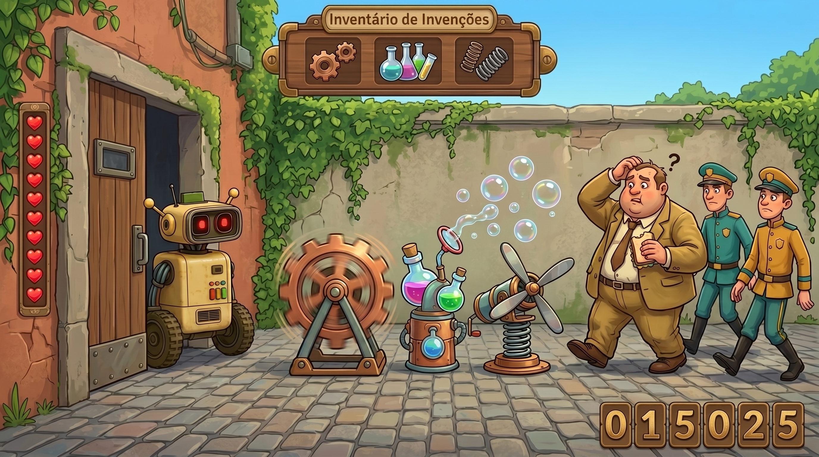 Uma tela de jogo em desenho: inventário de invenções, vidas em coração, pontuação e o Byte numa viela histórica.