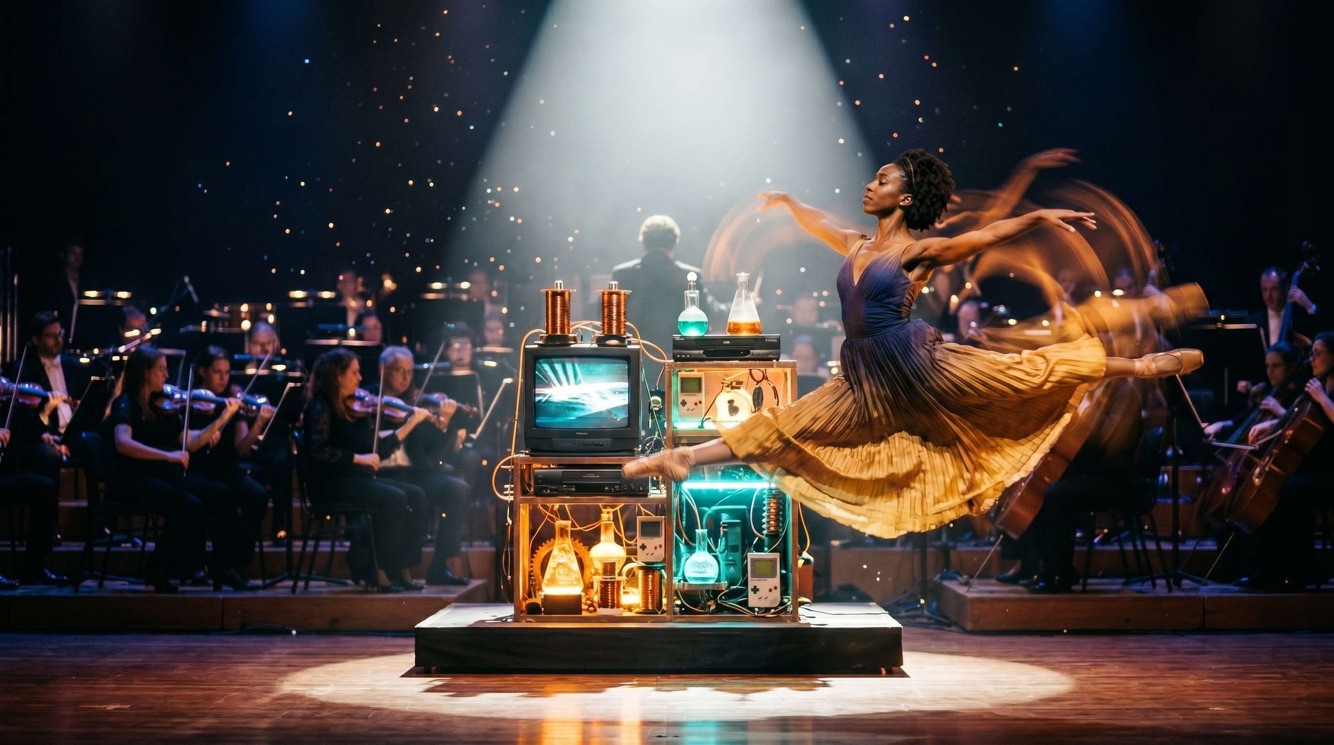 Uma bailarina dança diante de uma orquestra completa, com o aparato de sucata do Byte no palco.