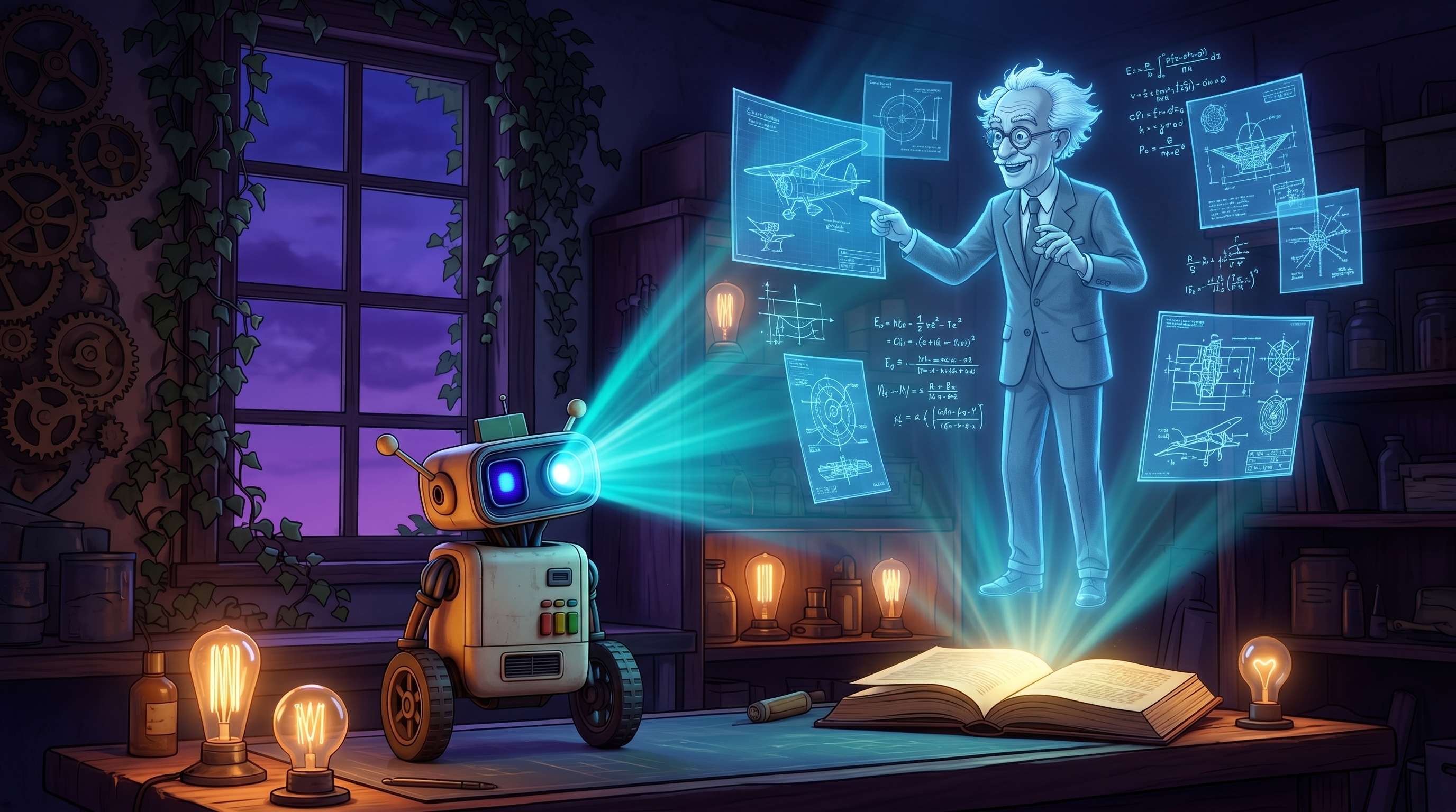 Em animação, o Byte projeta o holograma de um inventor a partir de um livro brilhante.