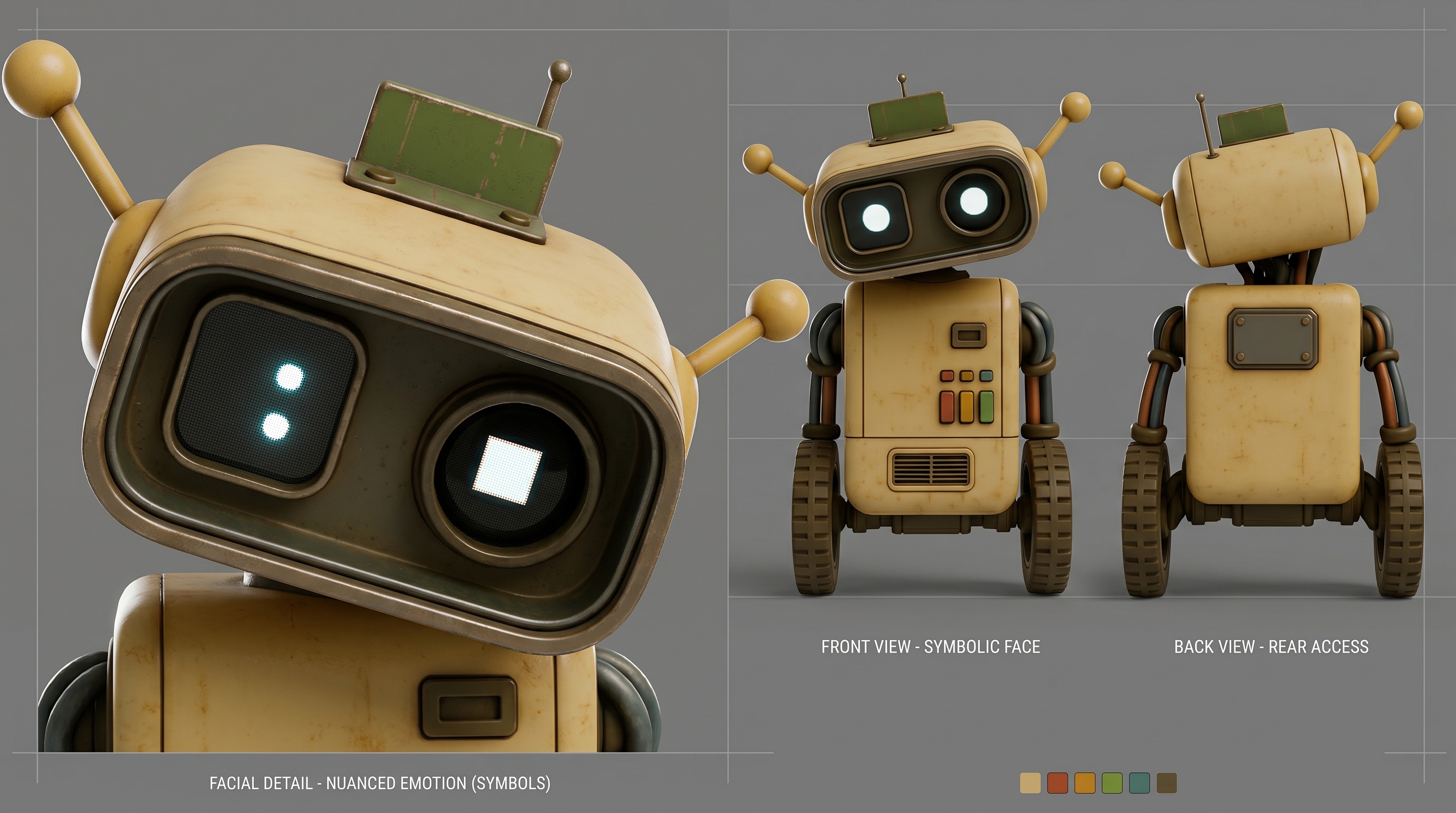 A folha de modelo do Byte: vistas de frente e de costas e a paleta de cores oficial, o guia de estilo do personagem.