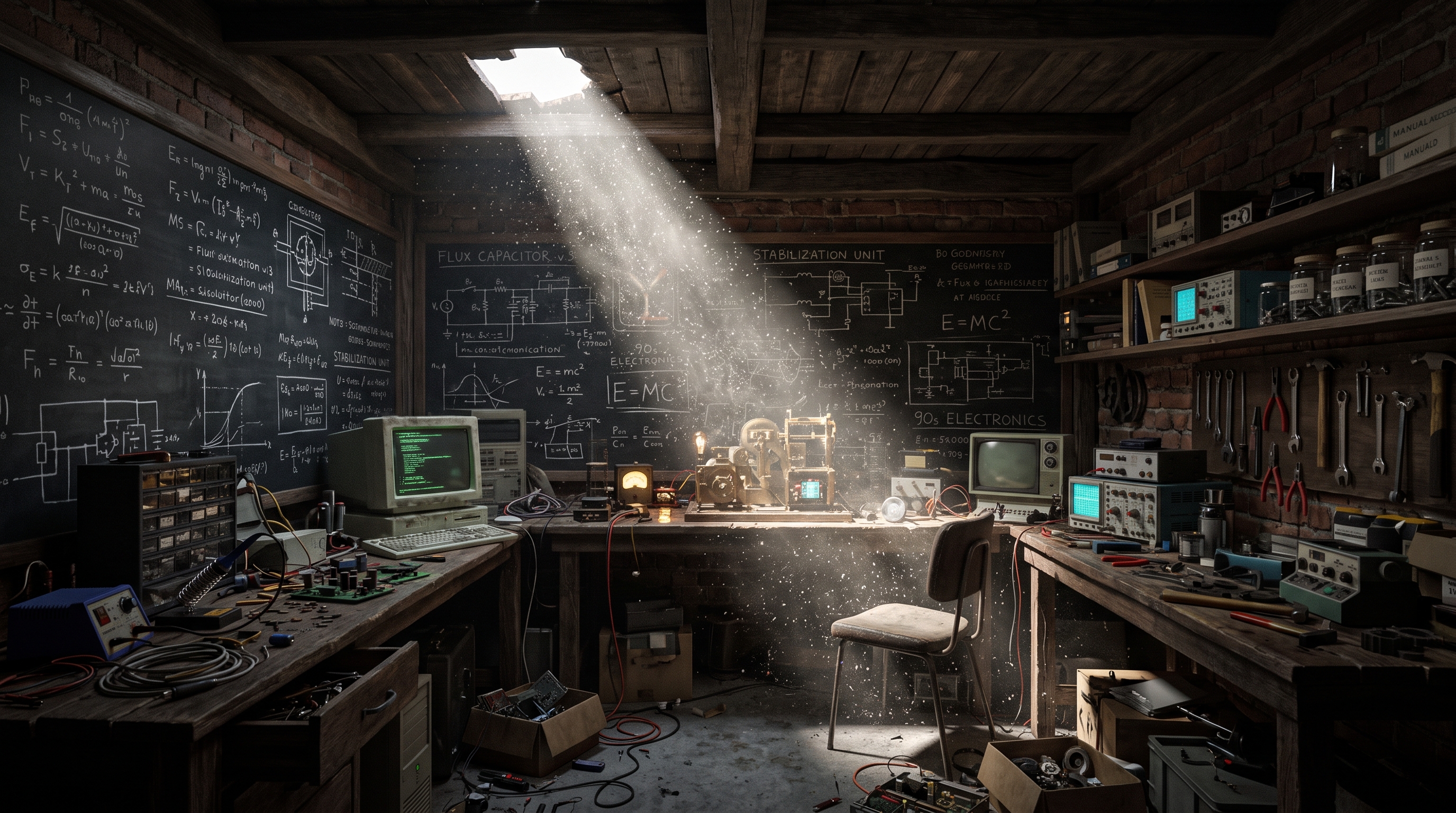 O laboratório do avô: lousas cobertas de fórmulas, computadores antigos, ferramentas e um facho de luz do teto.